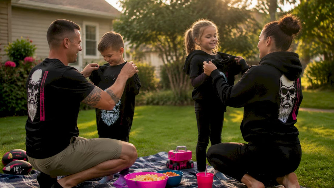 Military family putting on support apparel at home