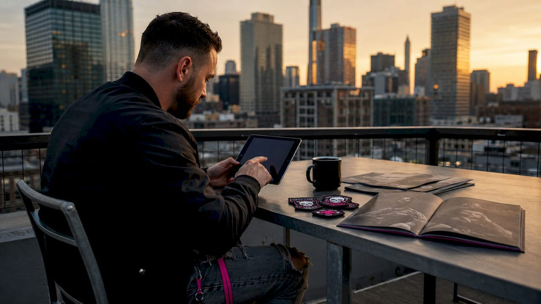 Man browsing veteran apparel at kitchen table
