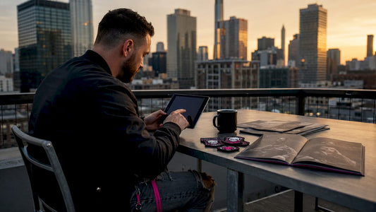 Man browsing veteran apparel at kitchen table