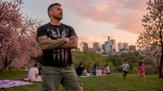 Veteran wearing military humor shirt outdoors