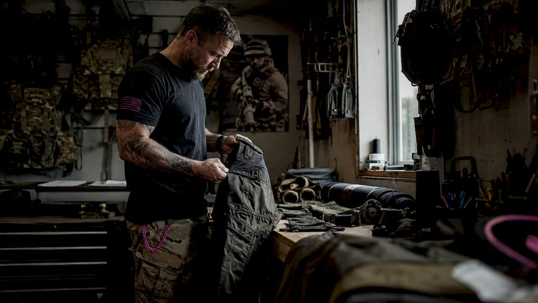 Veteran inspecting tactical pants in workshop