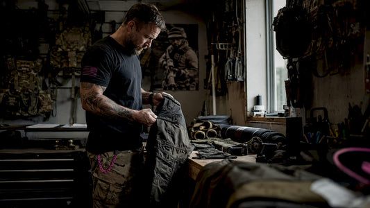 Veteran inspecting tactical pants in workshop