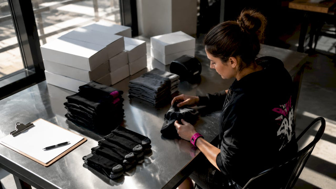 Volunteer preparing deployment care package apparel items