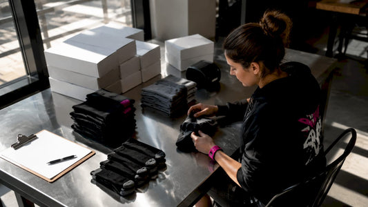 Volunteer preparing deployment care package apparel items