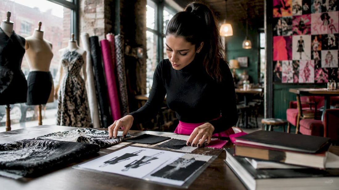 Fashion designer working with swatches and sketches in studio