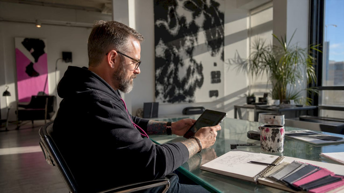 Person reviewing veteran apparel websites at home desk