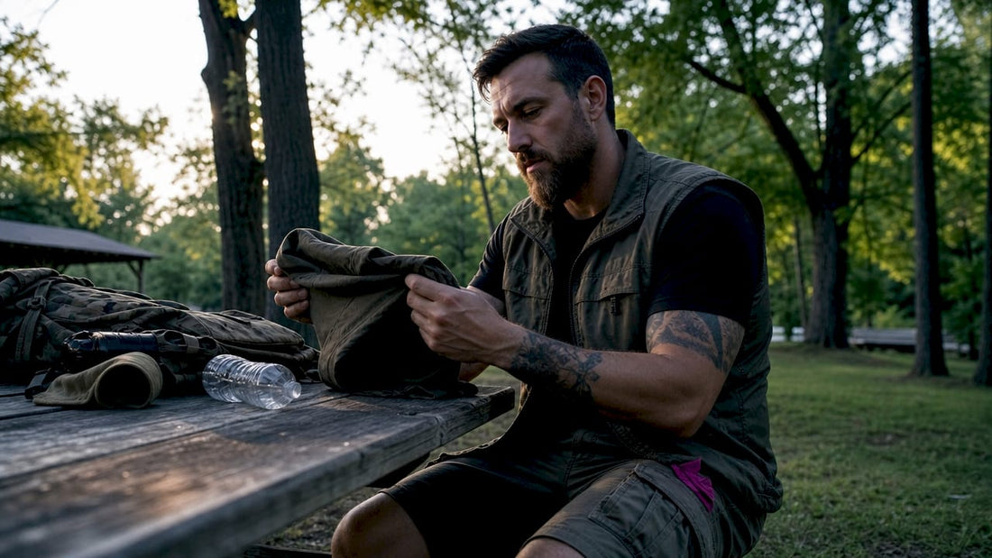 Veteran examining tactical lifestyle apparel indoors