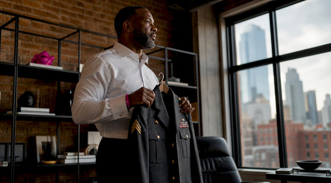Veteran selecting military-inspired civilian clothing