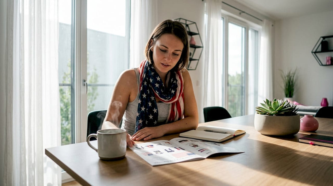 Woman reading guide on respectful flag apparel style