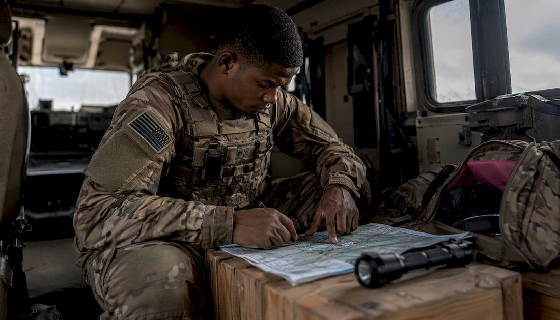 Soldier studying map in subdued uniform inside tent