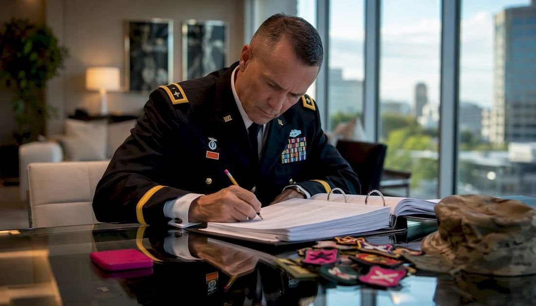 Soldier reviewing military uniform documents