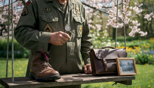 Veteran wearing military patches on park bench