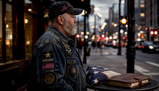Veteran showing unit insignia patches outdoors