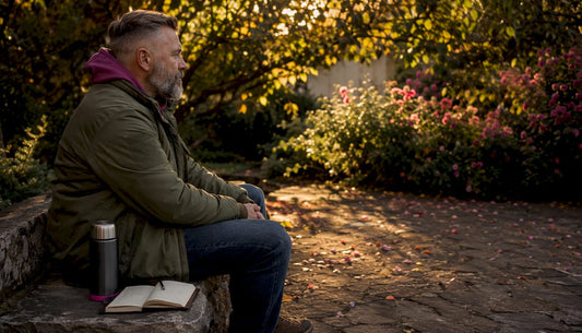 Veteran sitting on park bench reflecting quietly