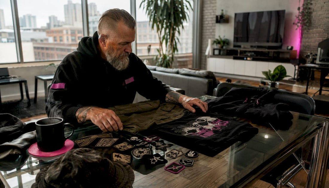 Veteran examining military apparel at home