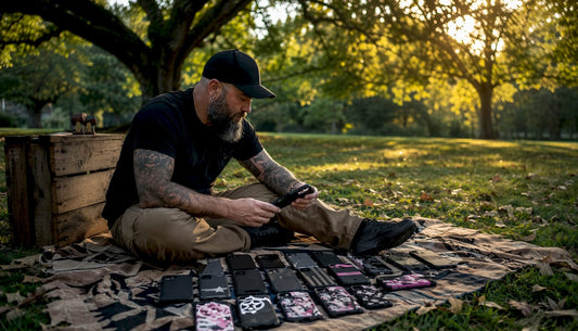 Veteran examining themed phone cases at kitchen table