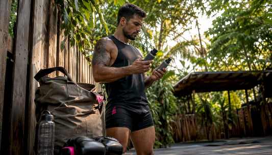 MMA fighter comparing soap alternatives in gym locker room