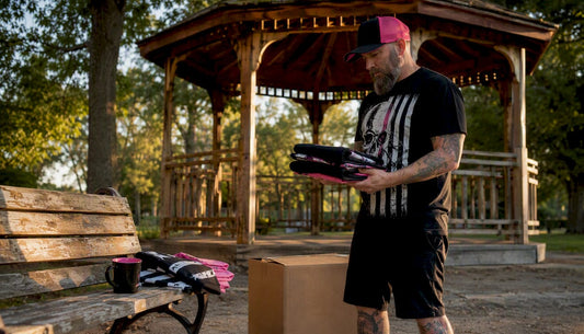Veteran examining patriotic apparel outside workshop