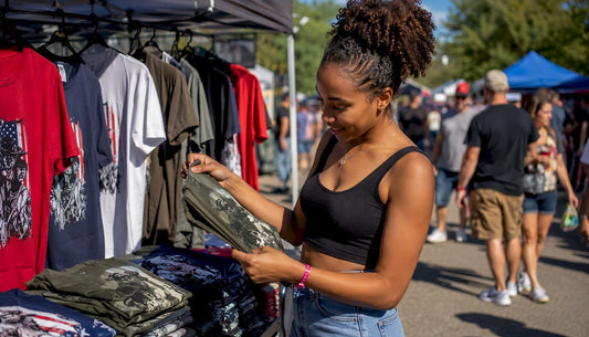 Woman shopping veteran patriotic apparel outdoors