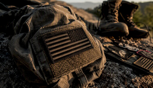 Close-up reversed US flag patch on uniform sleeve