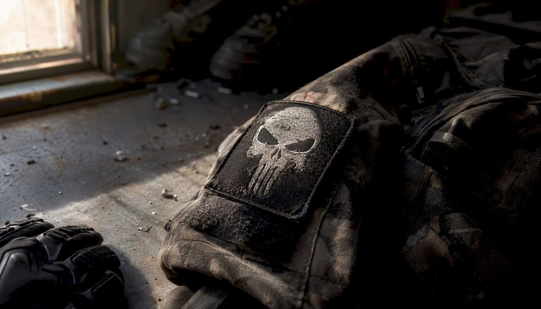 Punisher skull patch on tactical jacket sleeve