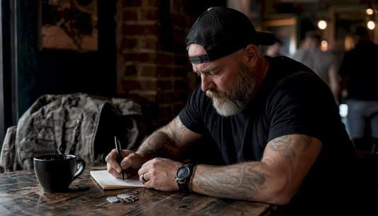 Veteran writing a support note by hand