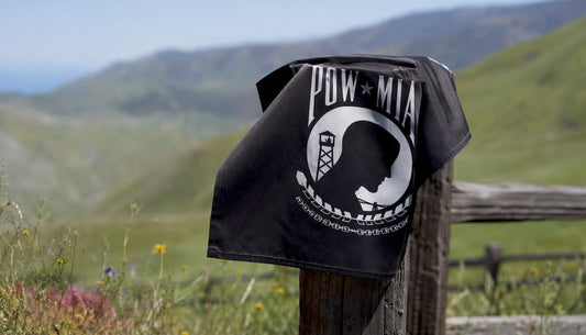 Close-up of POW/MIA flag emblem on flagpole outdoors
