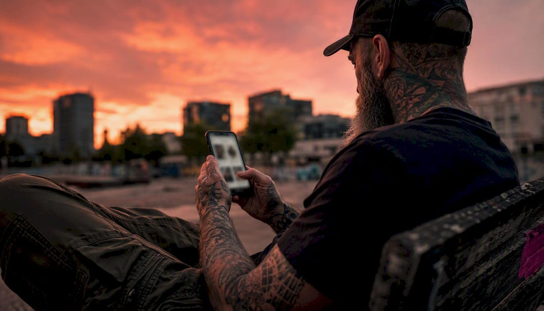 Veteran browsing t-shirt search on smartphone