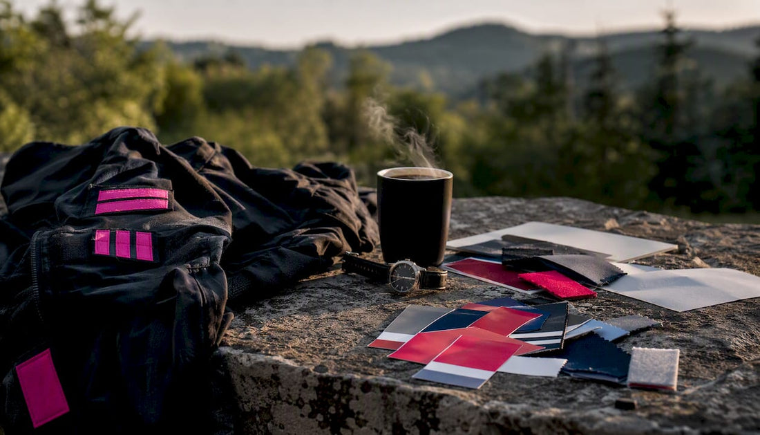 Workspace with patriotic color swatches and veteran gear
