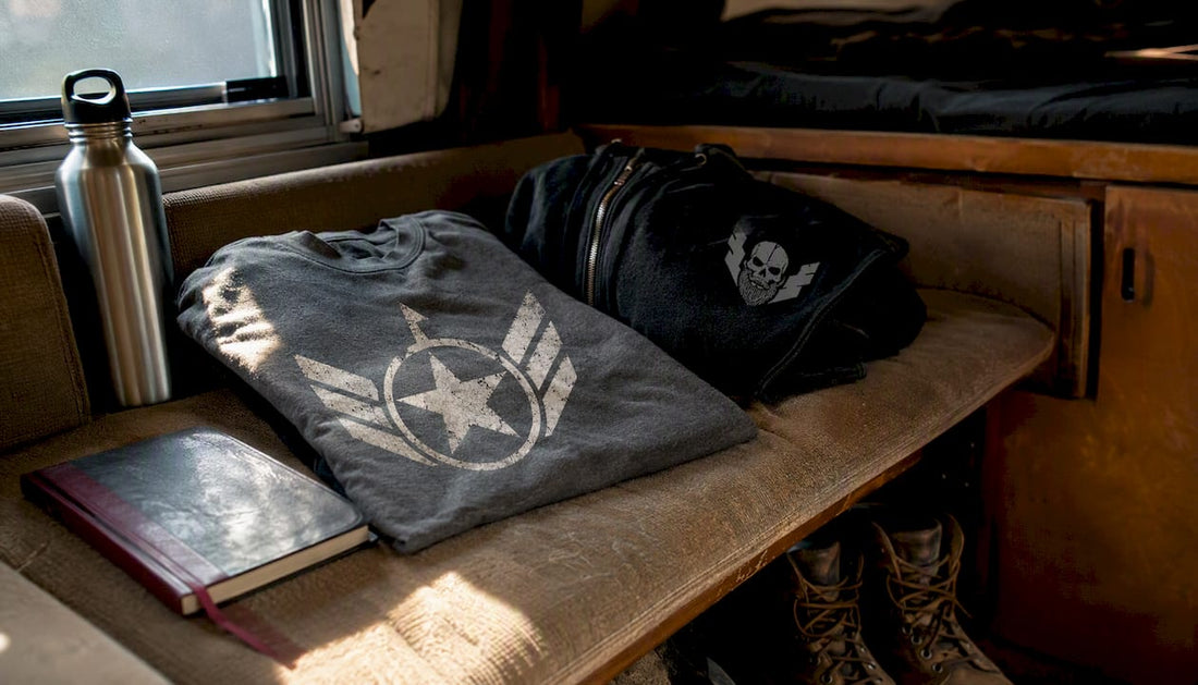 Veteran-themed apparel laid on car seat
