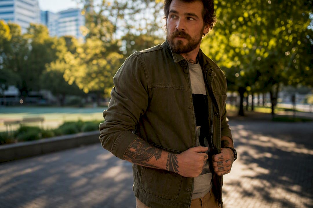 Veteran styled in layered streetwear casual outfit