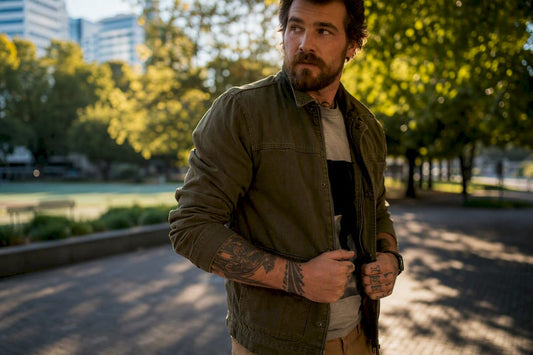 Veteran styled in layered streetwear casual outfit