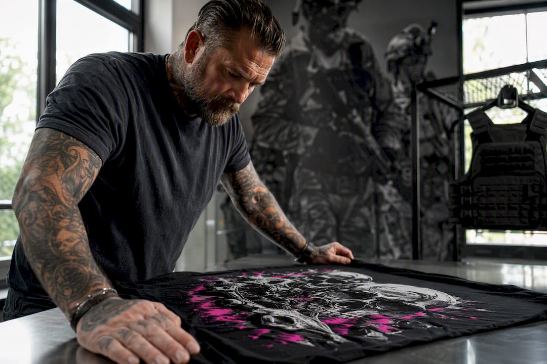 Veteran hands inspecting graphic T-shirt print quality