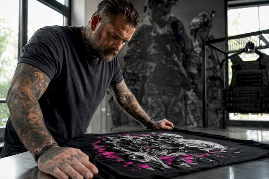 Veteran hands inspecting graphic T-shirt print quality
