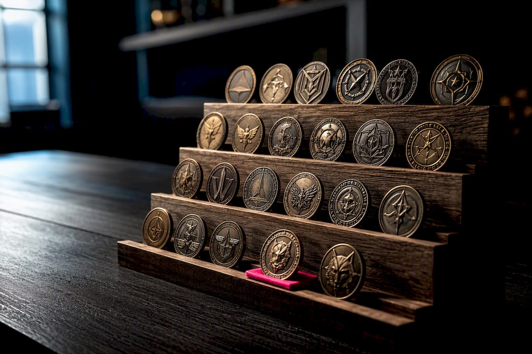 Tiered rack displaying military challenge coins