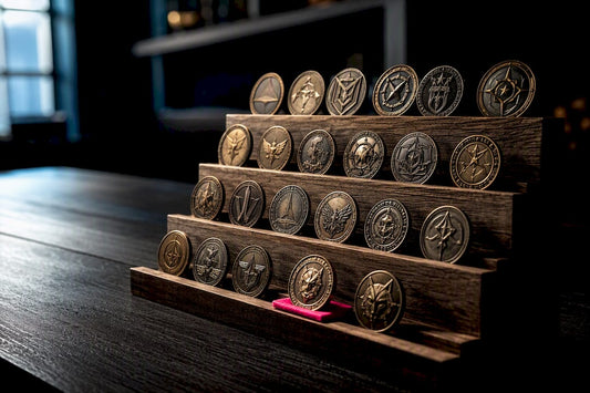 Tiered rack displaying military challenge coins