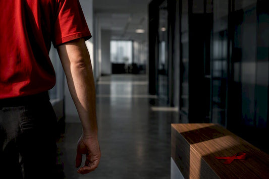 Red shirt detail among neutral Friday clothing