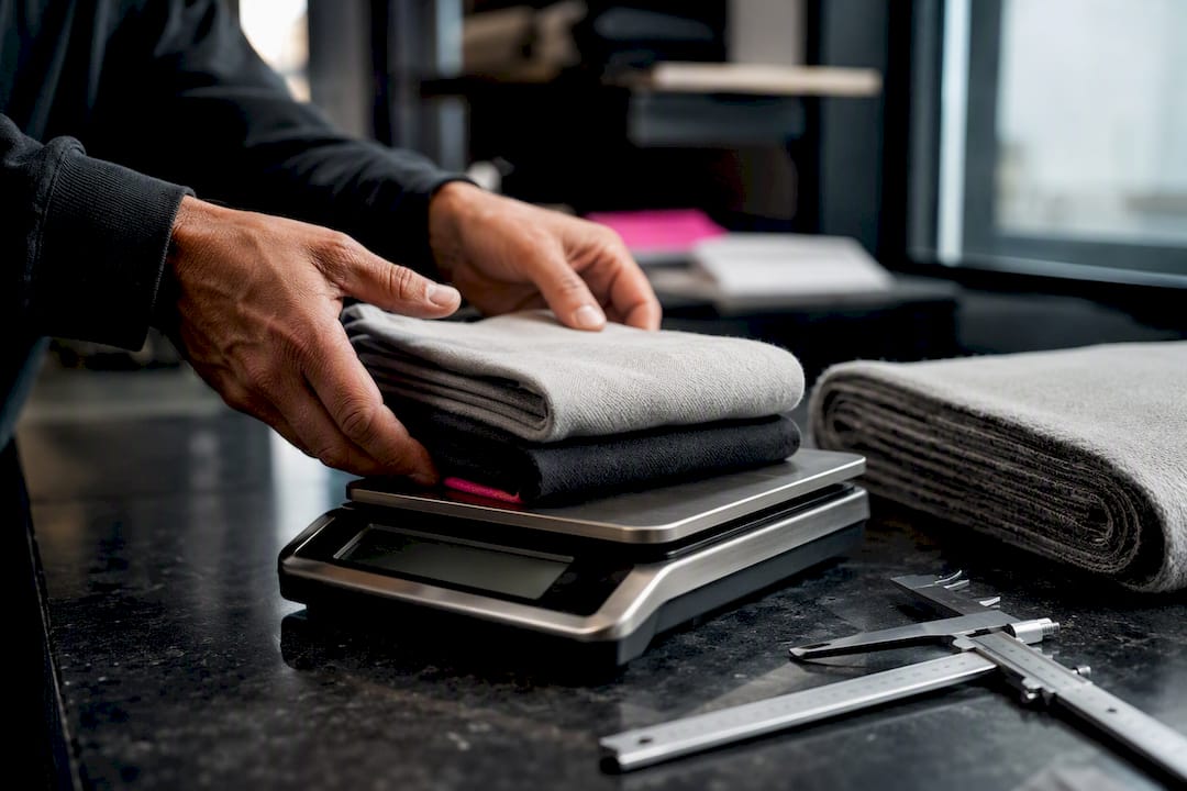Fabric swatches being weighed for GSM