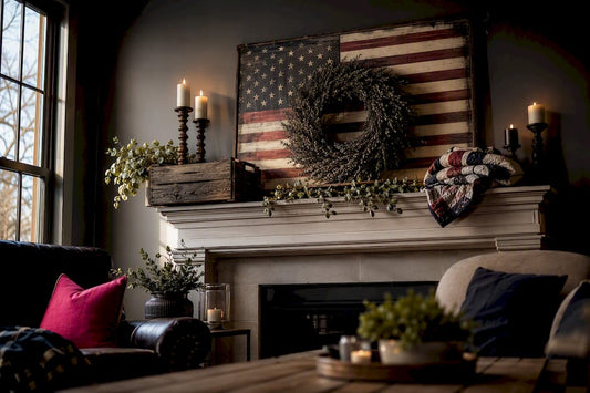 Restrained patriotic mantel decor in living room