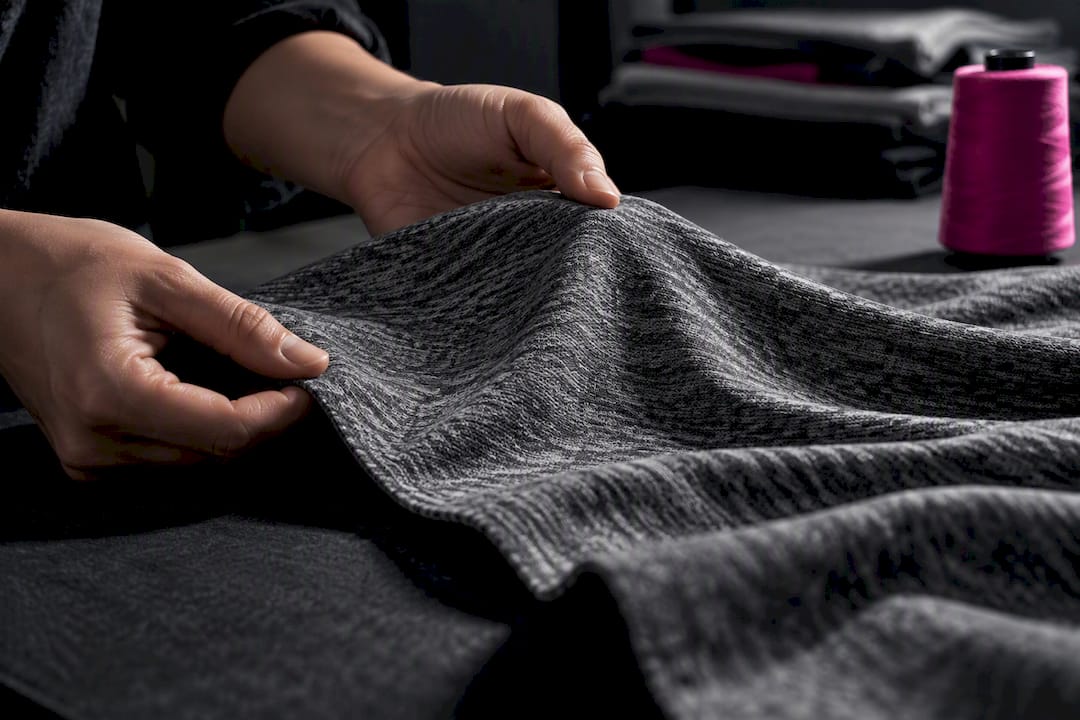Hands examining heathered tri-blend fabric