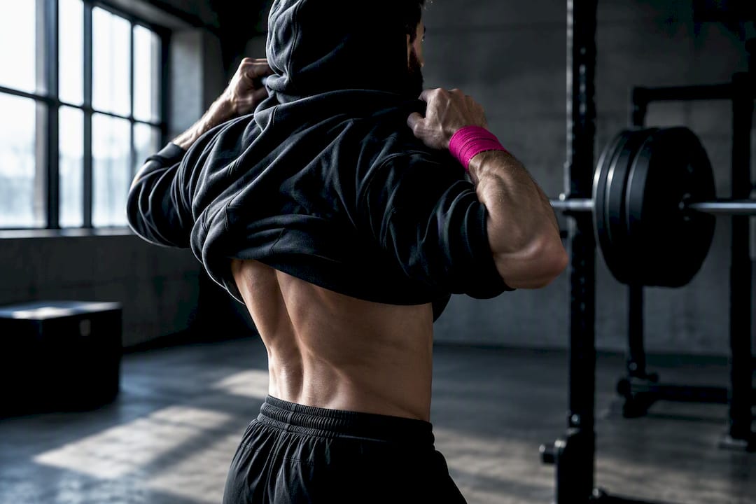 Athlete removing a loose hoodie before lifting
