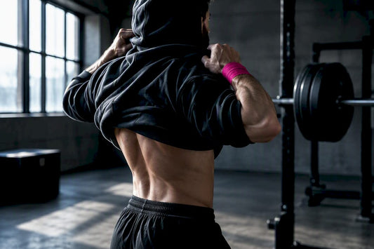 Athlete removing a loose hoodie before lifting