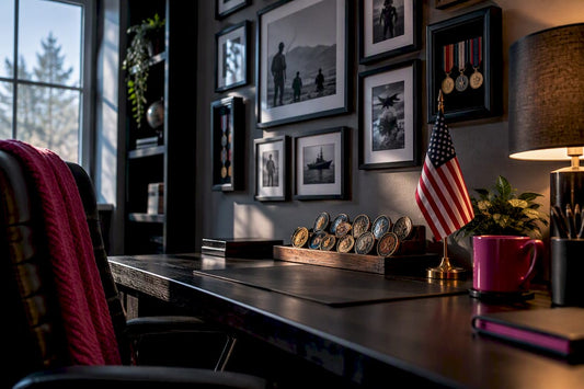 Curated veteran memorabilia display in home office