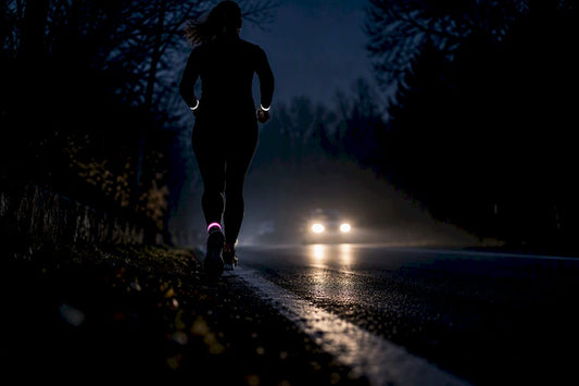 Runner illuminated by headlights at night