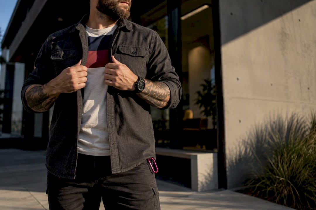 Veteran layering a subtle patriotic shirt
